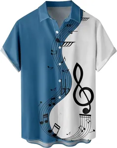 Camisa de hombre manga corta boton casual estampado notas musicales playa hawaiana