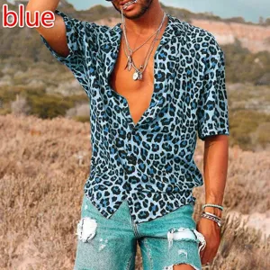Men's blue leopard print short sleeve shirt detail, casual summer fashion apparel.