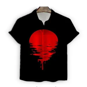 Men's short sleeve shirt black 3d red sun print casual trendy summer top streetwear