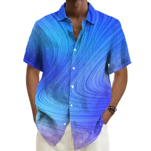 Close-up view of the blue abstract 3D wavy printed short-sleeve casual Hawaiian shirt detail.