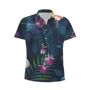 Men's short sleeve Hawaiian shirt featuring a vibrant dark tropical 3D floral print for summer.
