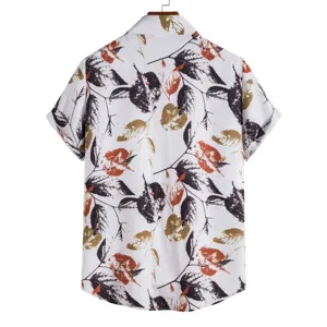 Detailed back view of men short sleeve casual shirt featuring botanical leaf print.