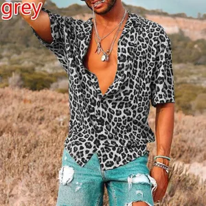 Men grey leopard print short sleeve shirt casual lapel single breasted summer top fashion