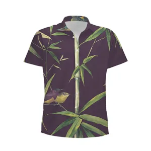 Close-up detail of men short sleeve hawaiian shirt with vintage bamboo bird print.