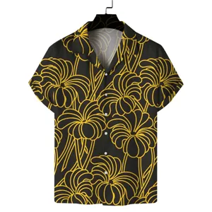 Detailansicht des modischen Herren Kurzarm Hawaiihemdes mit schwarzem und gelbem Print.