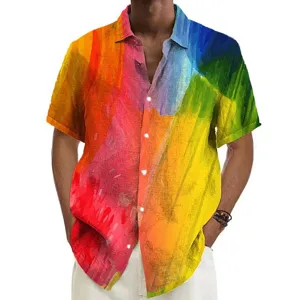 Detail view of colorful 3D abstract print short sleeve Hawaiian shirt for men casual summer