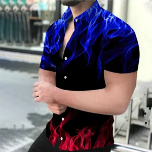 Detail view of men's summer short sleeve shirt with vibrant 3D blue and red flame print.