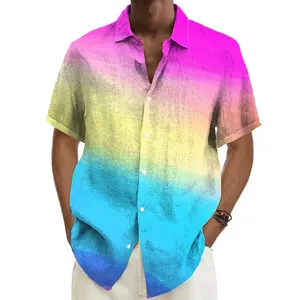 Men's gradient short sleeve shirt detail, colorful 3D print Hawaiian casual button up top.