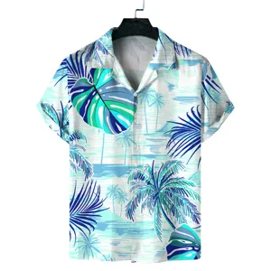 Herren tropisches Hawaii Kurzarmhemd mit blauem Palmenmuster Sommer Freizeit Strandoberteil.