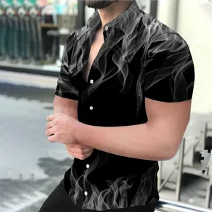 Men's stylish 3D smoke flame print short sleeve casual button down Hawaiian shirt top