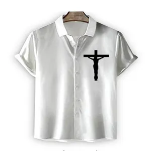Men's short-sleeve button-down shirt featuring a bold black crucifix graphic print design.