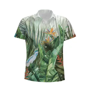 Men's tropical Hawaiian short sleeve shirt with 3D jungle leaf and bird print casual top.