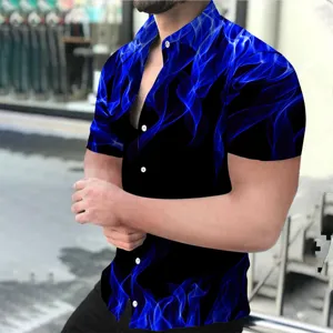 Close-up detail of mens short sleeve shirt featuring a striking blue flame 3d print top.