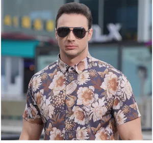 Men's short sleeve floral digital printed shirt detail view, casual summer fashion top.