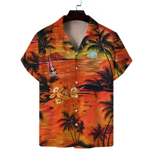 Herren Hawaiihemd Kurzarm Sommer 3D Sonnenuntergang Palmen Druck lässiges Freizeithemd