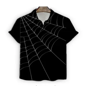 Men's short sleeve shirt black spiderweb print 3D digital casual button down top