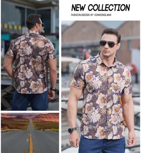Men's plus size short sleeve floral print shirt, casual button down summer top.