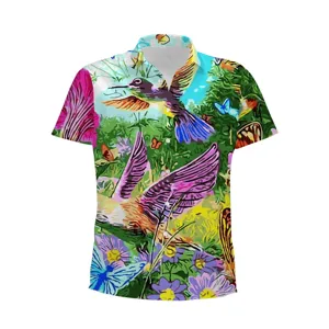 Men short sleeve Hawaiian shirt casual 3D hummingbird flower print button down top.