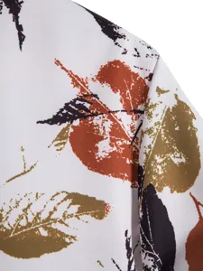 Men casual short sleeve shirt detail view with vibrant digital autumn leaf print design.
