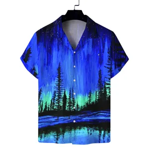 Herren 3D Polarlichter Wald Druck Kurzarm lässiges Hawaiihemd Detailansicht Ansicht.