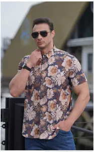 Men plus size short sleeve digital print shirt detail, showcasing floral pattern and soft fabric.