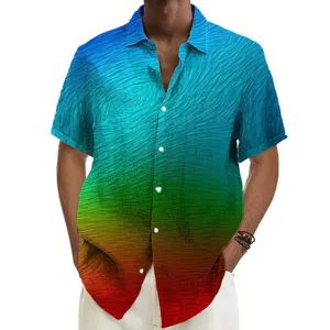Close up detail of colorful gradient short sleeve Hawaiian shirt digital print pattern fabric texture