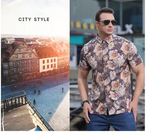 Men's short sleeve floral digital print casual shirt fashion plus size button down top