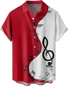 Camisa manga corta estampado notas musicales hombre detalle, parte superior playa.