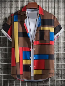 Men geometric colorblock short sleeve shirt detail close up view casual summer fashion design