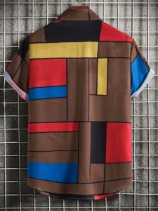 Detailed view of men's geometric color block short sleeve casual shirt abstract print top.
