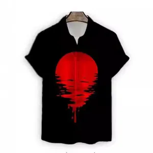 Men's short sleeve casual shirt featuring a striking 3d red sun graphic print for summer fashion.