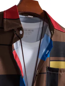 Men's colorblock striped short sleeve casual shirt detail view, comfortable cotton fabric.