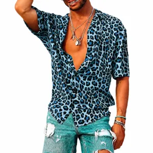Men's blue leopard print short sleeve shirt stylish summer fashion top main product display