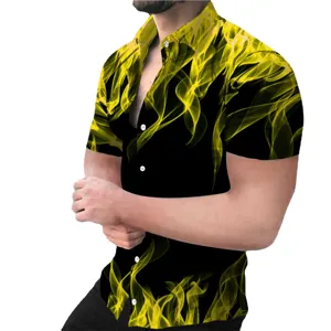 Men Plus Size Hawaiian Short Sleeve Shirt 3D Flame Print Casual Summer Button Down Top