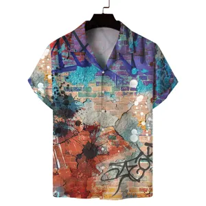 Herren Sommer Kurzarm Hemd Detail, bunter 3D Graffiti Ziegelsteine Druck, Reverskragen Design.