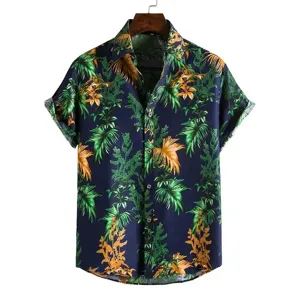 Herren Kurzarm Hawaiihemd lässig tropischer Blätterdruck Sommer Sommerhemd Oberteil