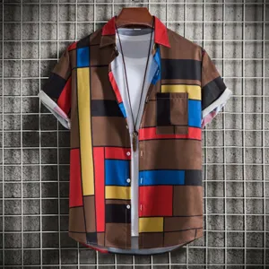 Men's short sleeve casual button up shirt geometric color block summer graphic shirt with pocket