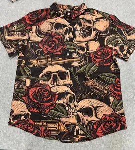 Heren korte mouw overhemd doodskop roos tatoeage print zomer casual streetwear top