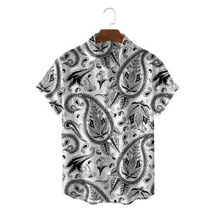 Men short sleeve casual shirt black white paisley ethnic printed summer top button down