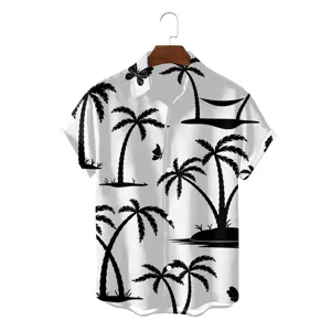 Tropical palm tree print detail on men's short sleeve summer Hawaiian shirt fabric close-up