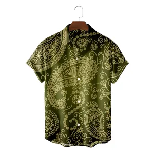 Close-up detail of the vintage dark green paisley print men's short sleeve shirt texture.