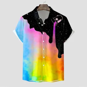 Herren Kurzarm Hawaiihemd mit 3D Weltraum Galaxie bunten Batikmuster Lässiges Oberteil