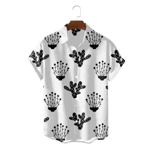 Men's summer short sleeve Hawaiian shirt with casual black botanical print and button closure.