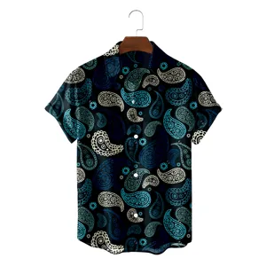 Close-up detail of retro paisley print pattern and blue fabric texture on summer men's shirt.