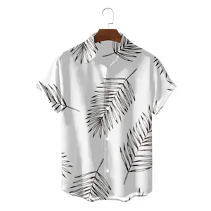 Close-up detail view of the casual short sleeve Hawaiian shirt featuring bold black palm leaf print.