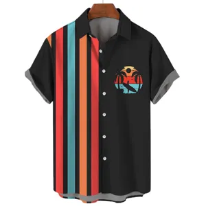 Men's summer short sleeve Hawaiian shirt with stripes and retro palm tree graphic print.