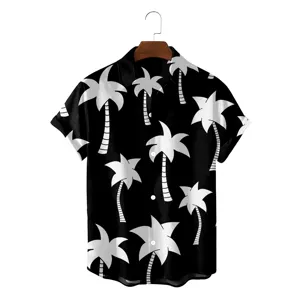 Men's Hawaiian Shirt Polyester Short Sleeve Tropical Coconut Tree Print Loose Fit Button Down Beach Casual Vacation Top