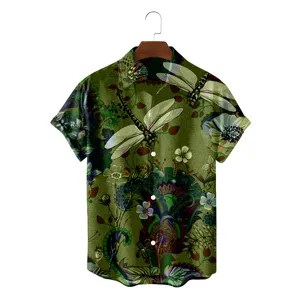 Heren zomer Hawaiaans korte mouw overhemd los casual vintage libelle print knopen