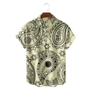 Detailed view of men vintage paisley printed short sleeve shirt with classic turn down collar.