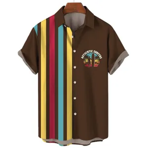 Close-up detail of the vintage surfer print and multi-color stripe on the brown shirt.